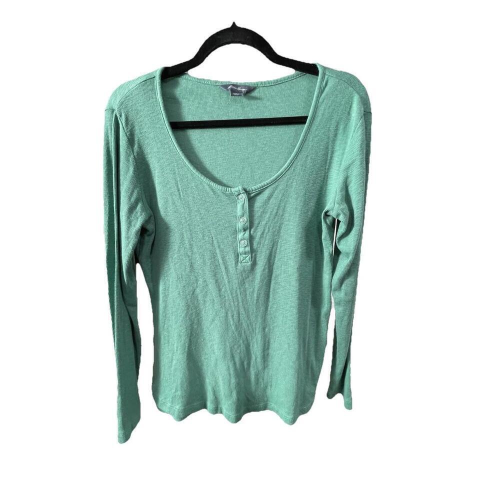 Eddie Bauer Green Waffle Scoop Neck Snap Close Henley Womens Pullover Top Sz Med